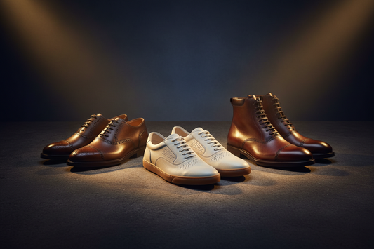 Three premium men's shoes — sneakers, dress shoes, and boots from Kickva